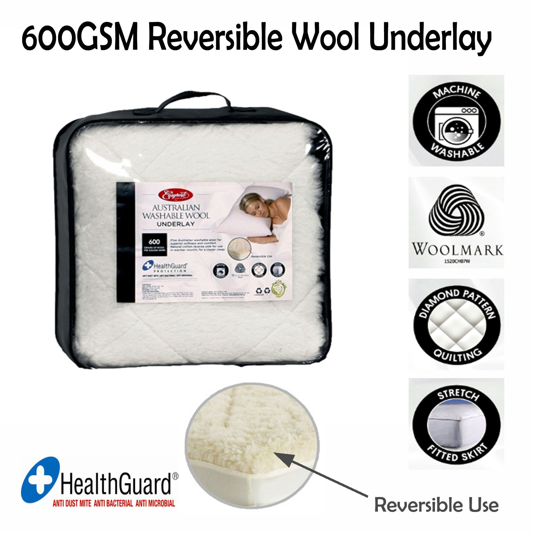 NEW Easyrest Australian Wool 600GSM Machine Washable Underlay 