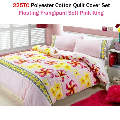 225TC Polyester Cotton Floating Frangipani Soft Pink Quilt Cover Set King