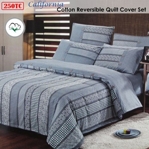 250TC California Cotton Reversible Quilt Cover Set Queen