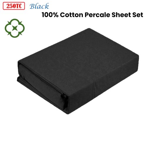 250TC 100% Cotton Percale Sheet Set Black Single by Kingtex