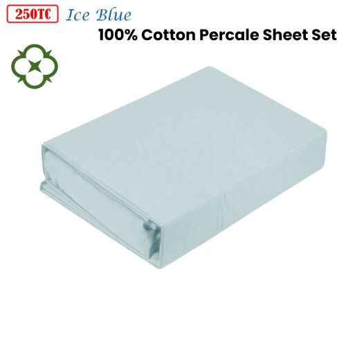 250TC 100% Cotton Percale Sheet Set Ice Blue Single by Kingtex
