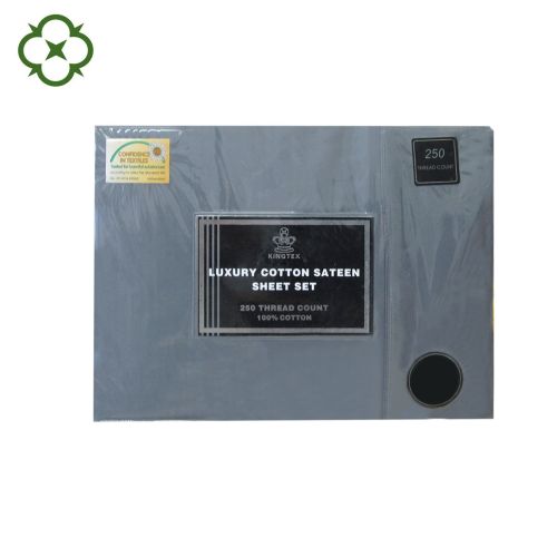 250TC 100% Cotton Sateen Sheet Set Charcoal Single by Kingtex