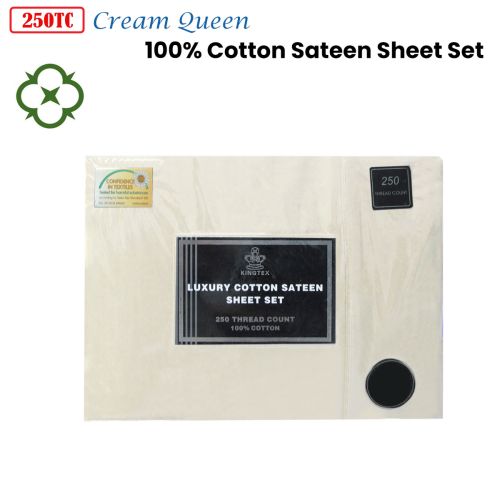 250TC 100% Cotton Sateen Sheet Set Cream Queen by Kingtex