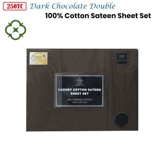 250TC 100% Cotton Sateen Sheet Set Dark Chocolate Double by Kingtex