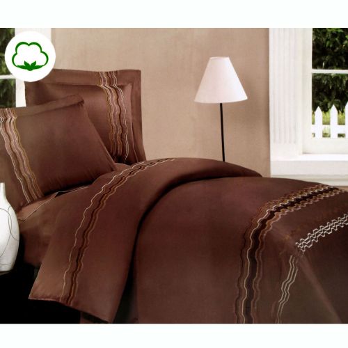 310TC Manly Coffee Cotton Embroidery Quilt Cover Set Queen