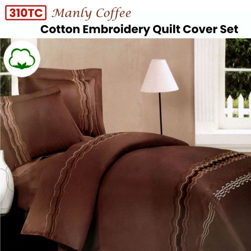 310TC Manly Coffee Cotton Embroidery Quilt Cover Set Queen
