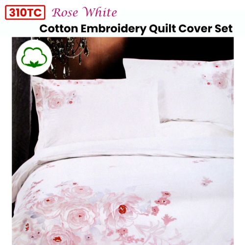 310TC Rose White Cotton Embroidery Quilt Cover Set Queen