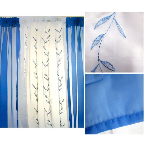 3 Piece Embroidered Voile Unlined Rod Pocket Curtain Set Blue