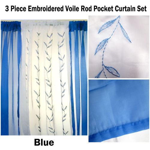 3 Piece Embroidered Voile Unlined Rod Pocket Curtain Set Blue