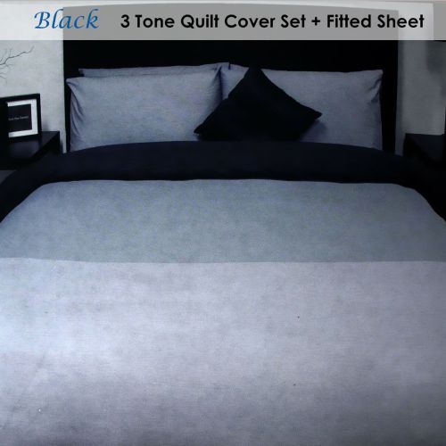 Black 3 Tone Quilt Cover Set + Fitted Sheet Single by Essentially Home Living