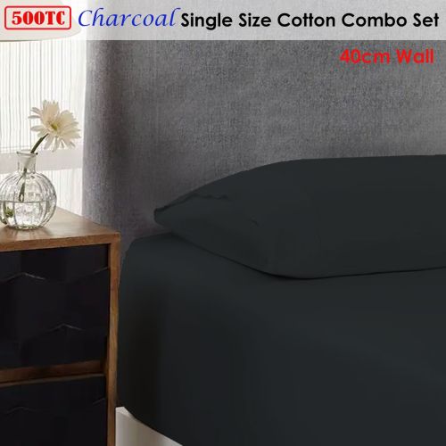 500TC Cotton Combo Fitted Sheet Set Charcoal Single 40cm Wall