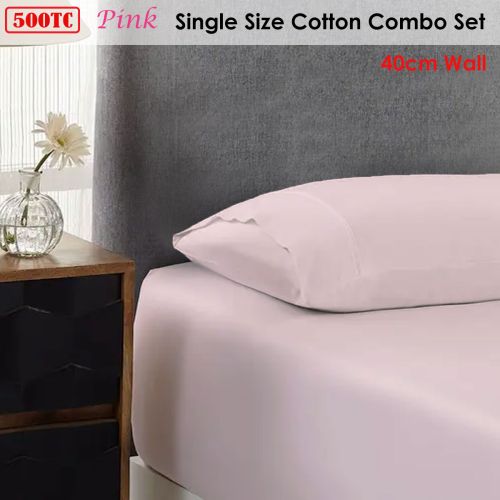 500TC Cotton Combo Fitted Sheet Set Pink Single 40cm Wall