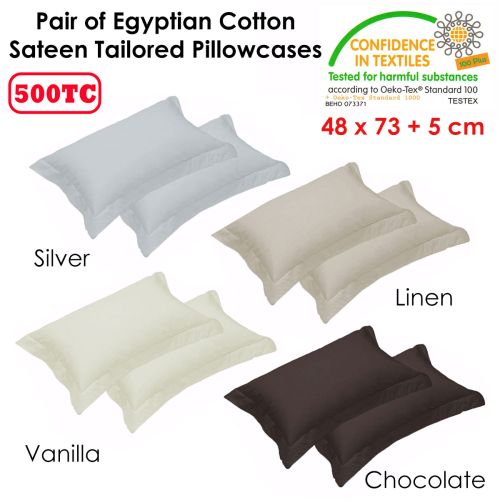 500TC Pair of Egyptian Cotton Tailored Standard Pillowcases 48 x 73 + 5 cm