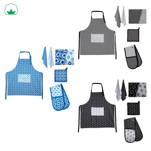 5 Pce Cotton Kitchen Set Apron Tea Towel Pot Holder Double Oven Mitt by IDC Homewares