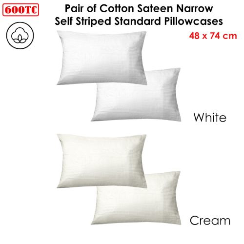 600TC Pair of Cotton Sateen Narrow Self Striped Standard Pillowcases 48 x 74 cm
