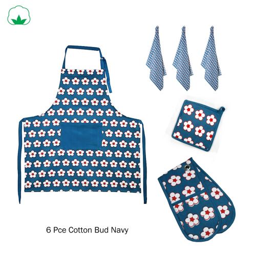6 Pce Cotton Bud Cotton Kitchen Set Apron Tea Towel Pot Holder Double Oven Mitt by IDC Homewares