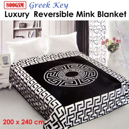 800GSM Luxury Reversible Mink Blanket Greek Key Black Queen 200 x 240 cm
