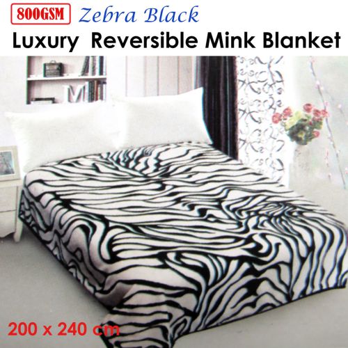800GSM Luxury Reversible Mink Blanket Zebra Black Queen 200 x 240 cm