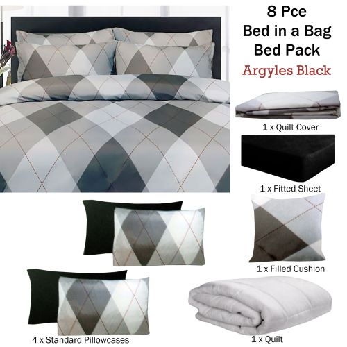 8 Pce Bed in a Bag Bed Pack Set Argyles Black by Big Sleep