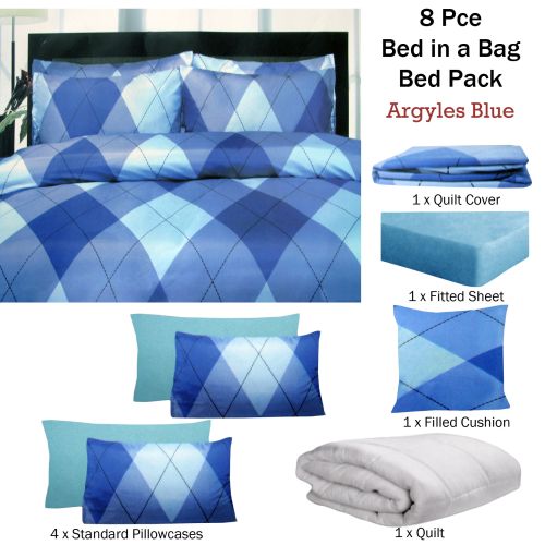 8 Pce Bed in a Bag Bed Pack Set Argyles Blue by Big Sleep