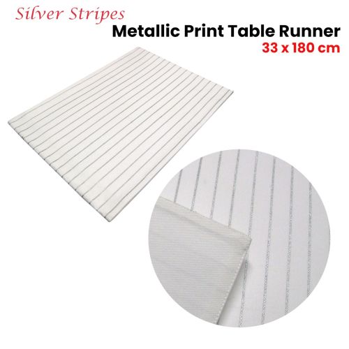 Silver Stripes Cotton Metallic Print Table Runner 33 x 180 cm