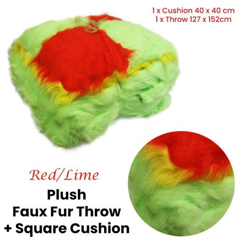 Lime/Red/Yellow Plush Faux Fur Throw Rug + Square Cushion