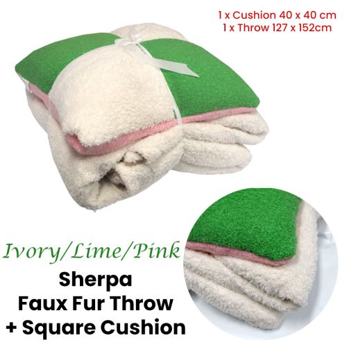Ivory/Green/Pink Sherpa Faux Fur Throw Rug + Square Cushion