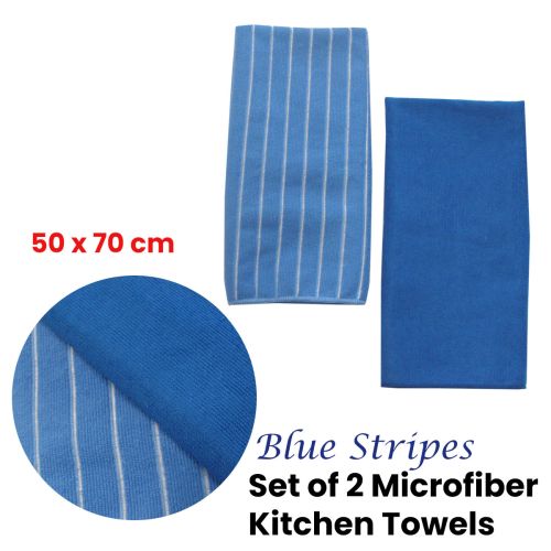 Set of 2 Blue Stripes Soft Microfiber Kitchen Towels 50 x 70 cm