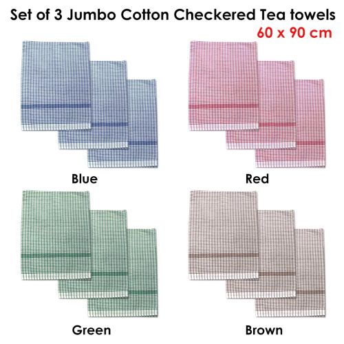 Set of 3 Jumbo Cotton Checkered Tea Towels 60 x 90 cm