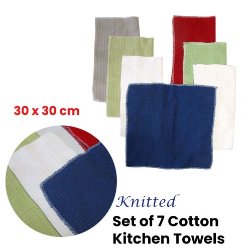 Set of 7 Knitted Cotton Kitchen Towels 30 x 30 cm