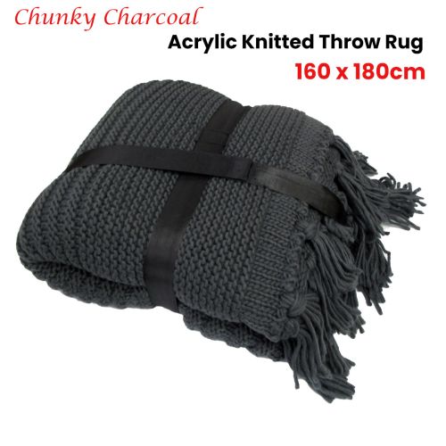 Chunky Charcoal Acrylic Knitted Throw Rug 160 x 180cm