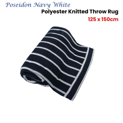 Poseidon Navy White Polyester Knitted Throw Rug 125 x 150cm by IDC Homewares