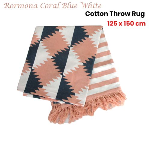 Rormona Coral Blue White Cotton Throw Rug 125 x 150 cm