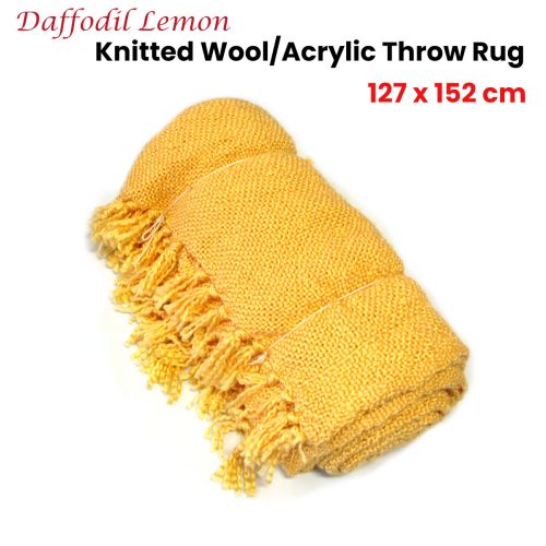 Daffodil Lemon Knitted Wool/Acrylic Throw Rug 127 x 152 cm