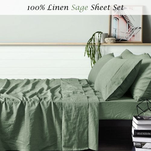 100% Linen Sage Sheet Set by Vintage Design Homewares