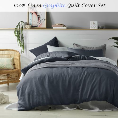 100% Linen Graphite Quilt Cover Set by Vintage Design Homewares