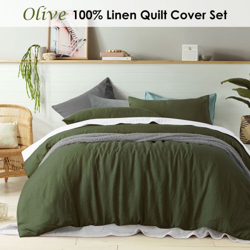 100% Linen Olive Quilt Cover Set by Vintage Design Homewares