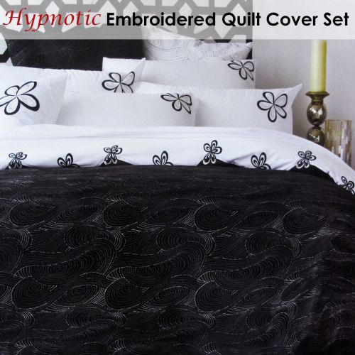 Hypnotic Black Embroidered Quilt Cover Set Queen by Accessorize