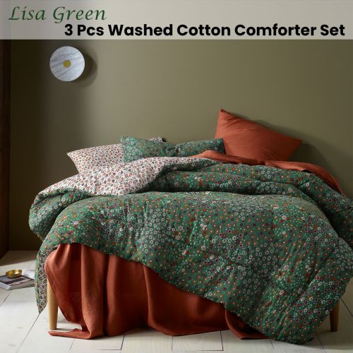 Lisa Green Washed Cotton Printed 3 Piece Comforter Set by Accessorize
