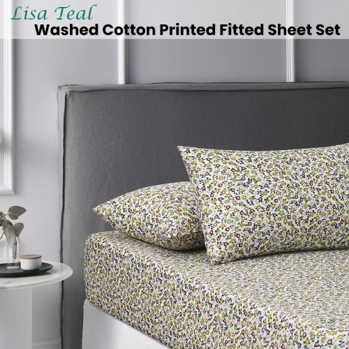 Lisa Teal Washed Cotton Printed Fitted Sheet Set by Accessorize