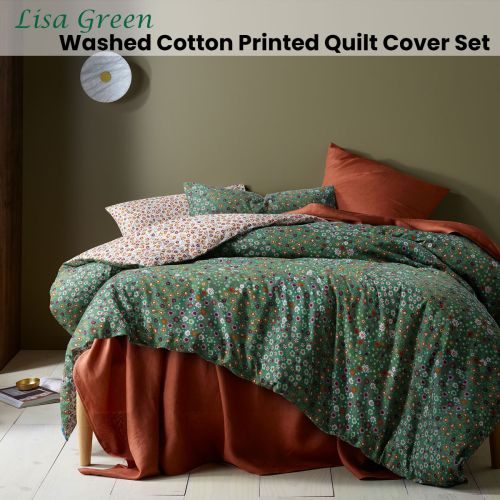 Lisa Green Washed Cotton Printed Quilt Cover Set by Accessorize