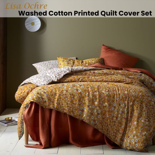 Lisa Ochre Washed Cotton Printed Quilt Cover Set by Accessorize