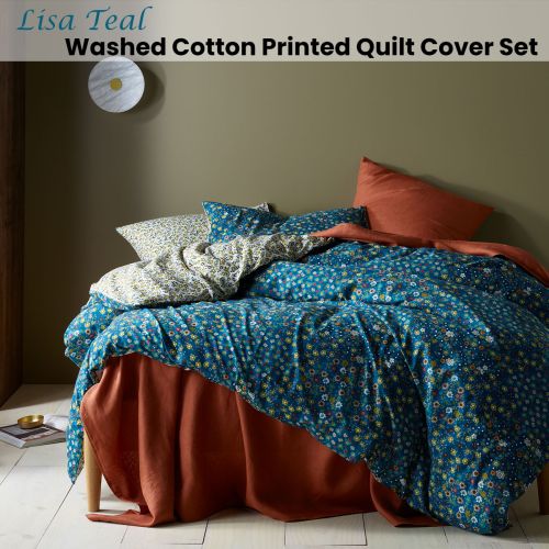 Lisa Teal Washed Cotton Printed Quilt Cover Set by Accessorize