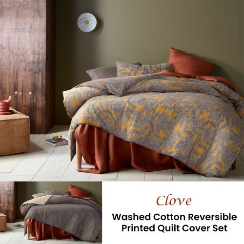 Clove Washed Cotton Printed Reversible Quilt Cover Set by Accessorize