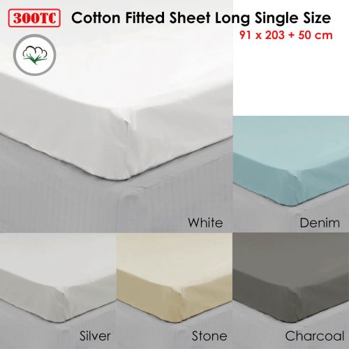 300TC Cotton Fitted Sheet Long Single Size 91 x 203 + 50 cm by Algodon