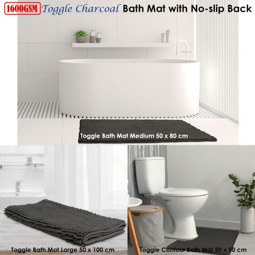 1600GSM Toggle Microfiber Bath Mat with Non-Slip Back Charcoal