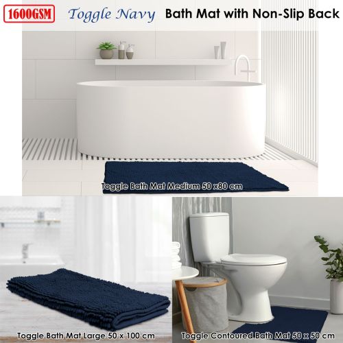 1600GSM Toggle Microfiber Bath Mat with Non-Slip Back Navy