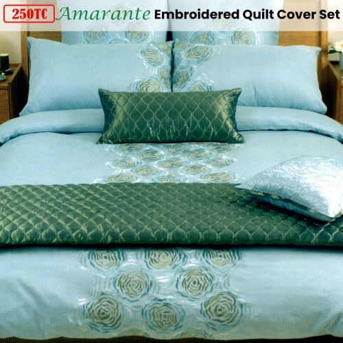 250TC Amarante Teal Embroidered Quilt Cover Set Queen by Canterbury