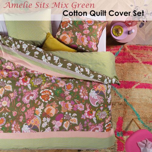 Amelie Sits Mix Green Cotton Sateen Quilt Cover Set by Oilily