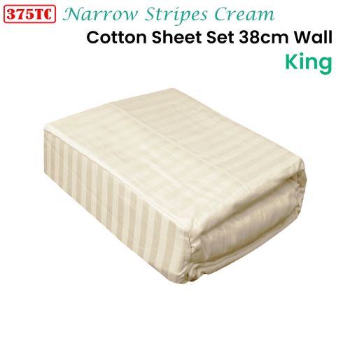 375TC 100% Cotton Narrow Stripes Cream Sheet Set King 38cm Wall